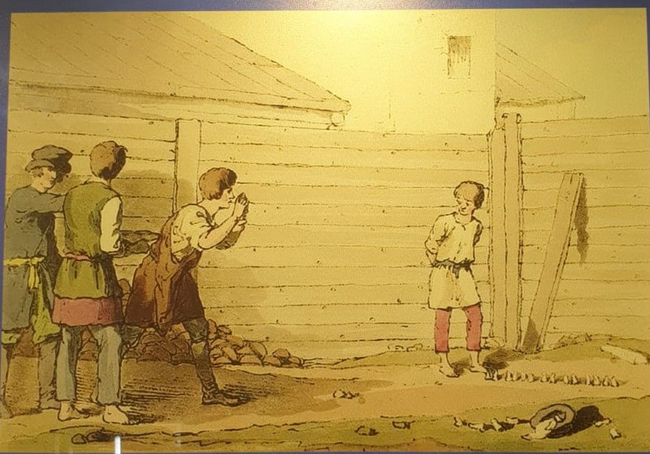Игра в бабки. Гравер Д.Аткинсон. Из издания "Нравы и костюмы русских". Париж, 1821 г. Копия