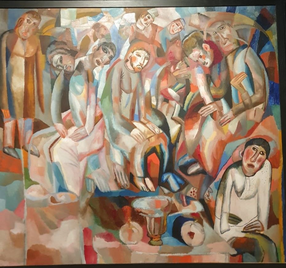 За столом. 1912-1913. Бумага, дублированная на ватман и холст, масло