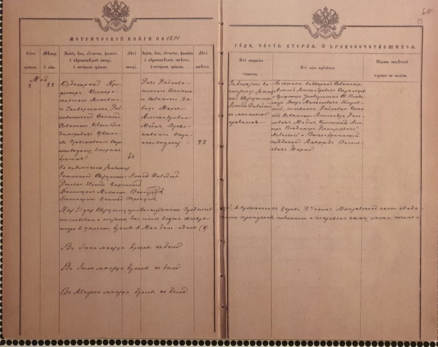 Метрическая запись о браке И.В.Цветаева с М.А.Мейн. 22 мая 1891