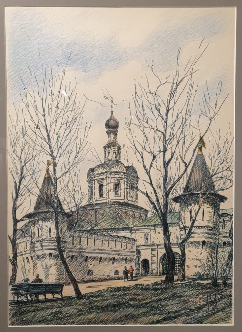 А.И.Хамцов Андроников монастырь, Москва. Святые ворота. Н дальнем плане - церковь Михаила Архангела и Алексия Митрополита Московского. 1981 Бумага, фломастер, карандаш