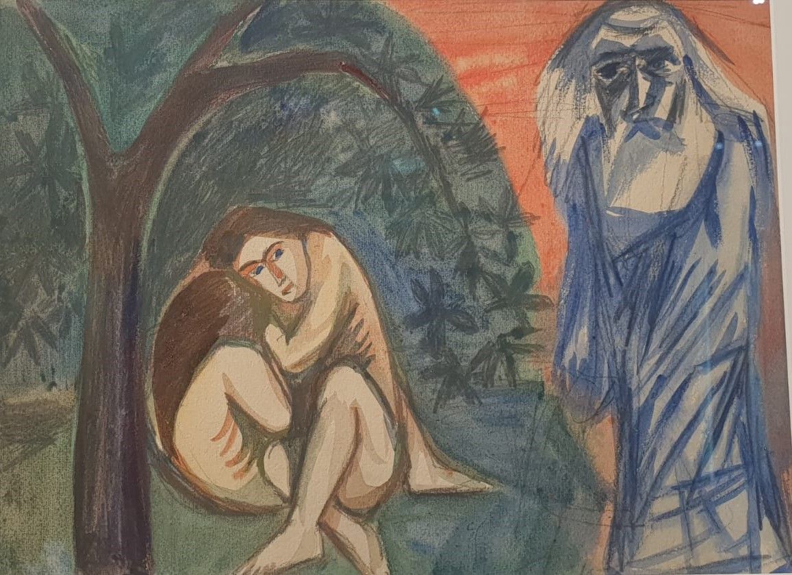 Наталия Гончарова Алдам и Ева и Саваоф конец 1900-х - начало 1010-х картон с тиснением, графитный карандаш, гуашь