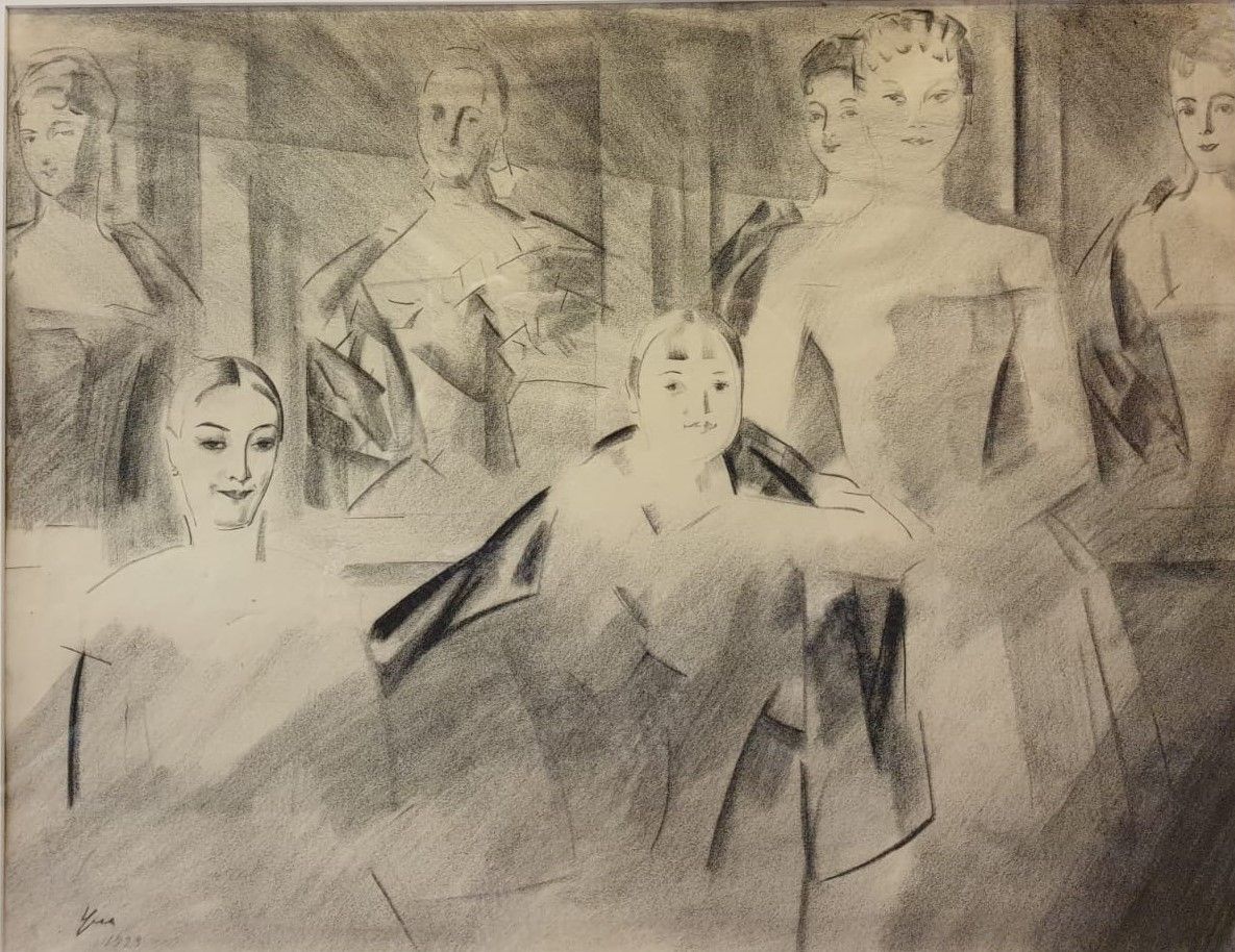 Женщины в картинной галерее. 1923. бумага, карандаш, уголь