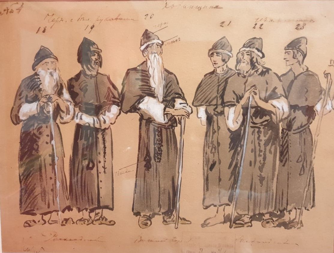 К.А.Коровин Раскольники. Эскиз мужских костюмов к опере "Хованщина". Санкт-Петербург, Императорский Мариинский театр, 1912-1913. Бумага, акварель, тушь, белила