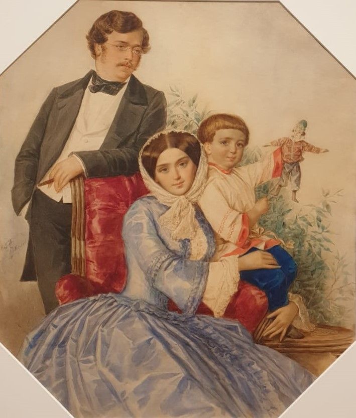 Павел Соколов Портрет семьи Муромцевых 1854 бумага, акварель