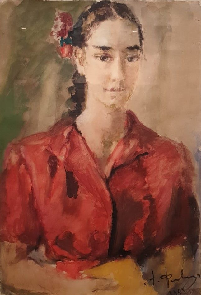 Портрет девушки в красном 1955 бумага, акварель