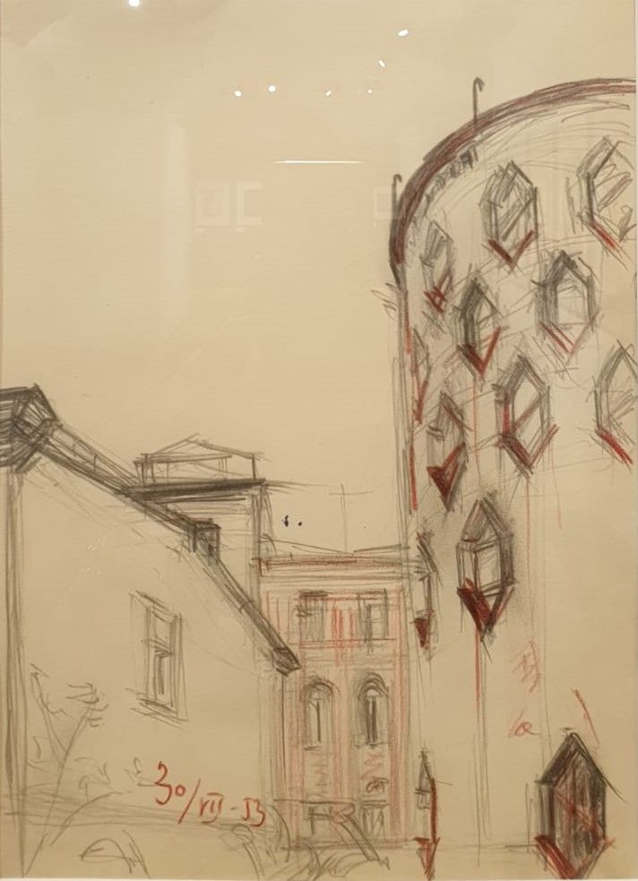 Мельников К.С. Дом Мельникова. Вид со стороны двора 30 июля 1953 бумага, карандаш, цветной карандаш