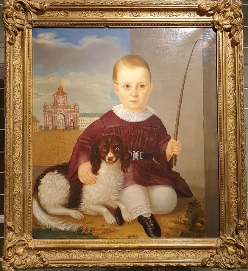 Колендас Павел (1820-) Портрет мальчика с собакой на фоне Красных ворот в Москве 1840-е холст, масло