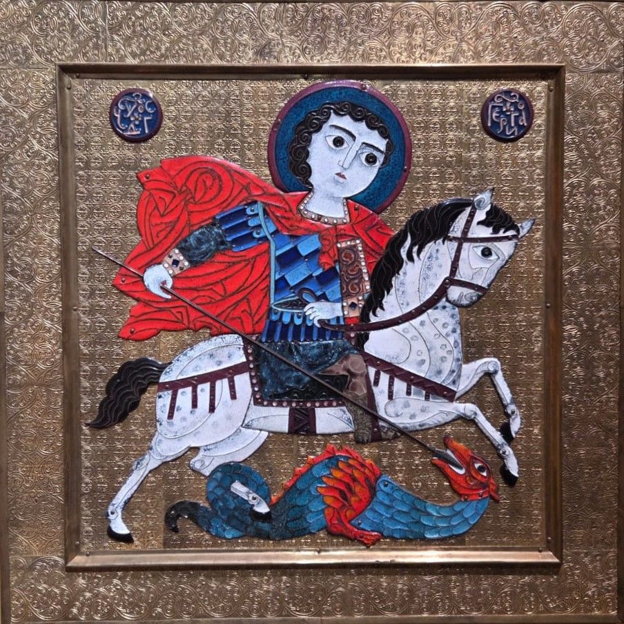 Панно "Святой Георгий" Шейнкман К.Р. 1991 год. Москва. Медь, латунь, текстиль, дерево, эмаль