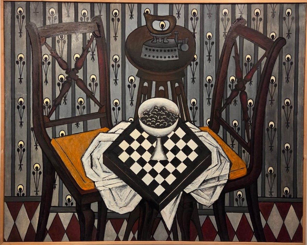Композиция со стульями, шахматной доской и белой скатертью 1972-1974 холст, масло