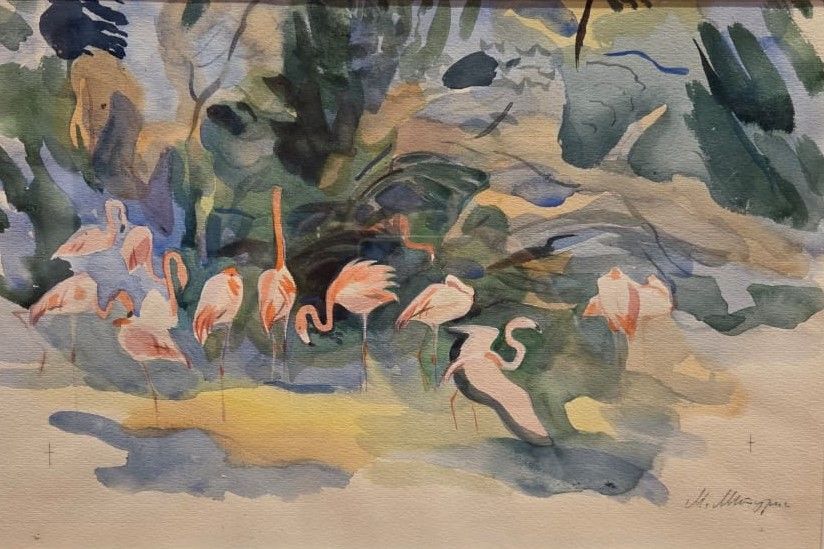 Фламинго в Аскания-Нова. 1978. бумага, акварель, белила