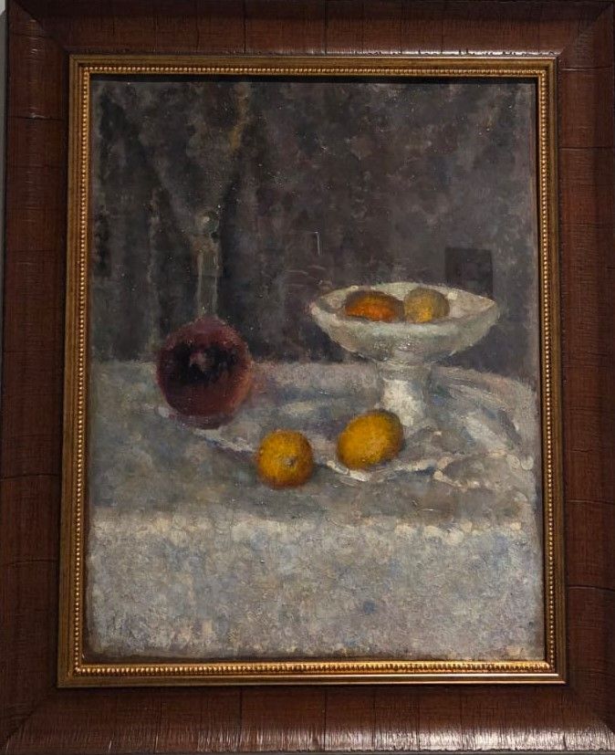 Натюрморт с лимонами в вазе. Середина 1900-х-первая половина 1910-х. картон, масло